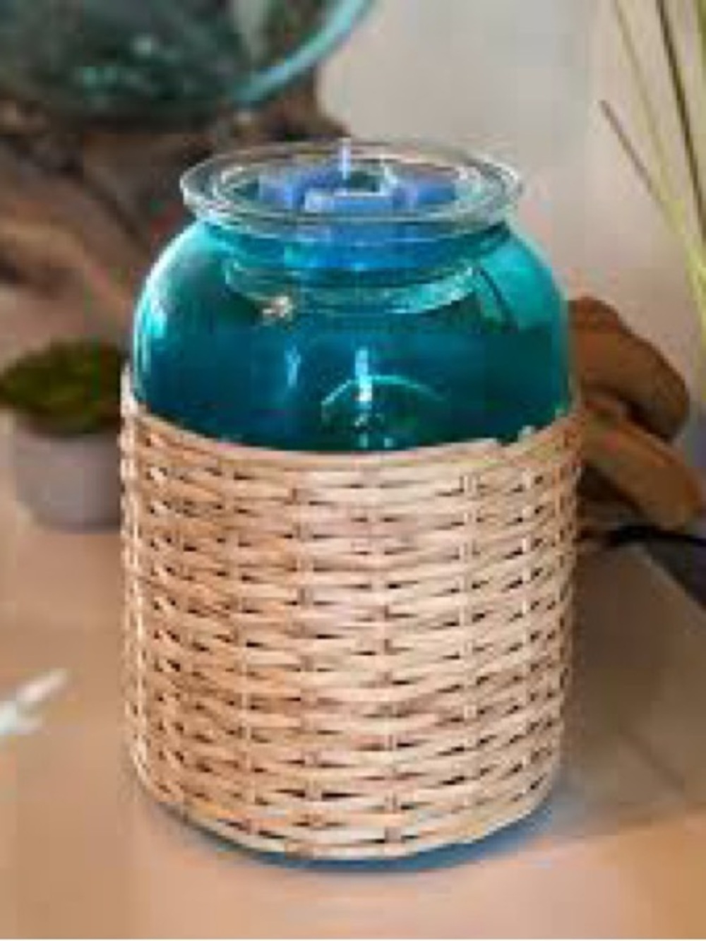 Scentsy Teal Glass Jar with Woven Rattan Sleeve, Brand new in box.